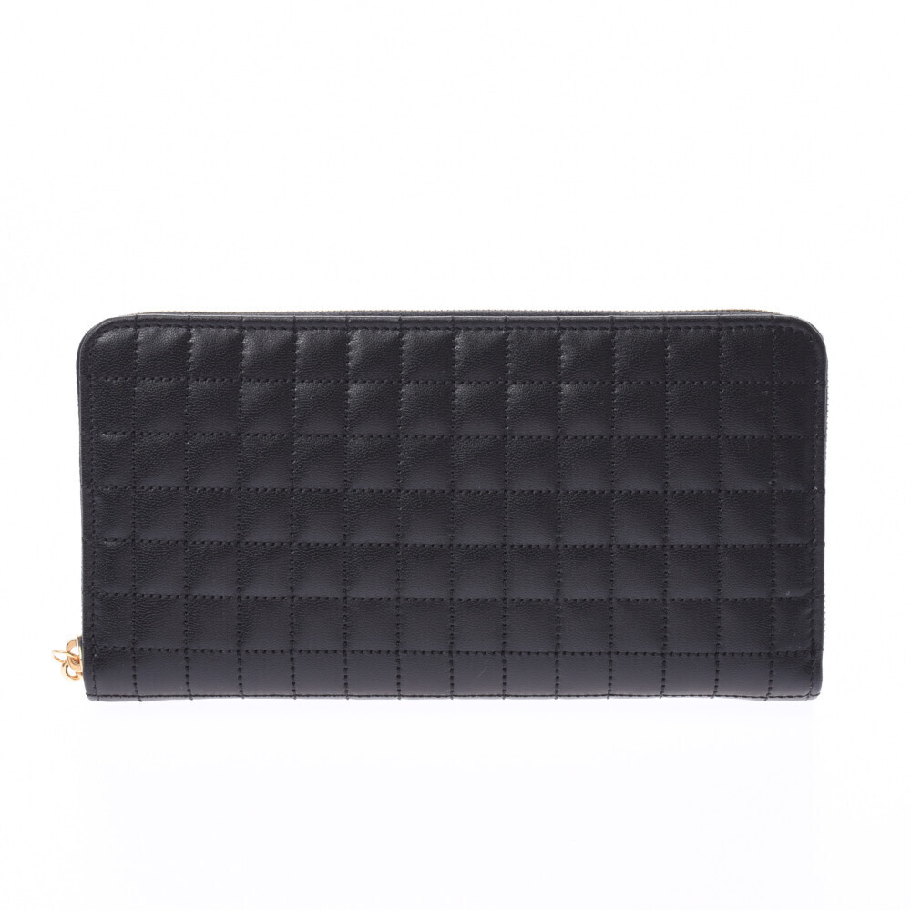 Celine Quilted Round Zip Long Wallet Black Calfskin